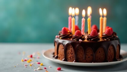Delicious chocolate birthday cake with lit candles , candlelight, isolated, treat