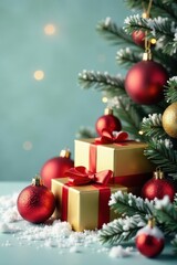 Obraz premium Elegant gold & red presents, baubles, garland, snowy branches, sparkles, background, snowy