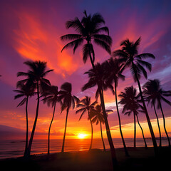 Tropical sunset with palm trees silhouetted against it