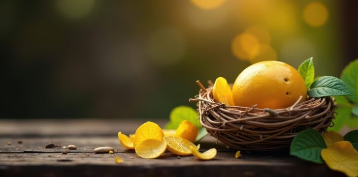 Golden nest egg banner on rustic wood Investment growth concept , banner, retro