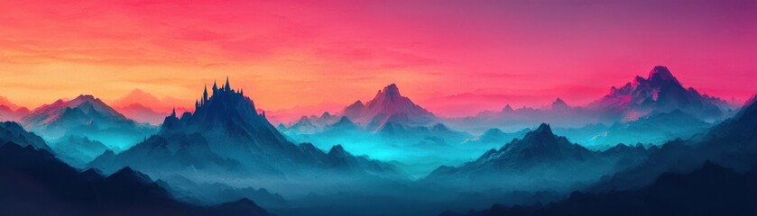 Stunning mountain landscape bathed in vibrant sunset hues and ethereal mist.