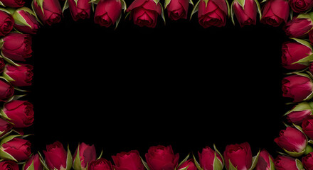 Complete Frame of red tea rose buds with a dramatic black background with room for text copy space illustration
