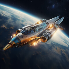 Vintage spaceship traveling through space. 