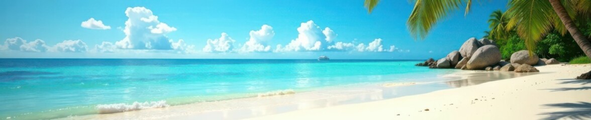 Obraz premium Sun-drenched beach, turquoise water, vibrant sky, summertime, idyllic, summer