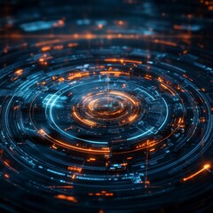 Fototapeta premium Abstract digital art of concentric circles glowing with orange and blue light, creating a futuristic and technological aesthetic. The image features a dark background and a depth of field effect.