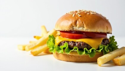 Burger with cheese and fries on white background, restaurant, isolated