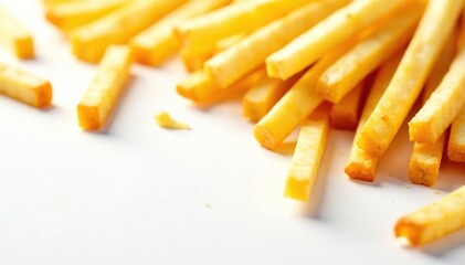 Crispy french fries scattered on a white background, studio shot, fresh