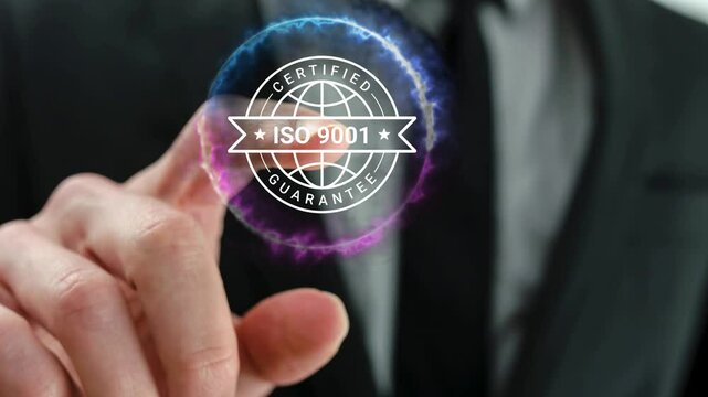 A Businessman is showing offering of ISO 9001 certified guarantee Quality Certification for his clients
