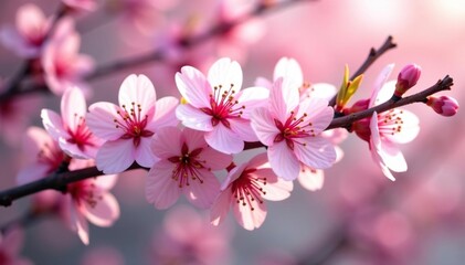 Naklejka premium Delicate pink cherry blossoms, intricate branch pattern, romantic, spring background, texture