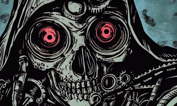 Robotic skull, dystopian future, grunge background, album art