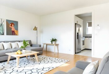 Fototapeta premium Living room with a white sofa, a wooden table, and a black and white rug, in a minimalist style, with a wooden floor and gray walls 