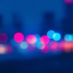 Abstract image of blurred city lights at night, featuring vibrant pink, blue, and purple bokeh circles against a dark blue background. The lights create a sense of movement and energy.