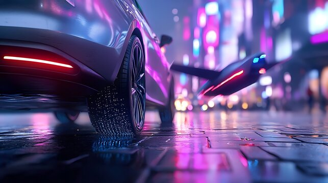 Futuristic car & drone night city