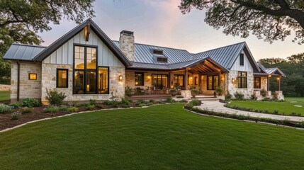 Obraz premium Modern farmhouse at dusk, showcasing stone exterior, large windows, metal roof, and manicured lawn.