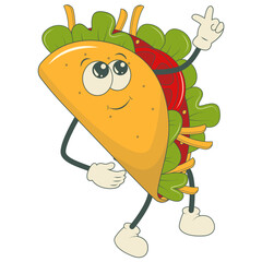 Groovy Tacos Character Isolated on White Background. Vector Cartoon Illustration.