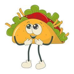 Groovy Tacos Character Isolated on White Background. Vector Cartoon Illustration.