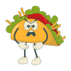 Groovy Tacos Character Isolated on White Background. Vector Cartoon Illustration.