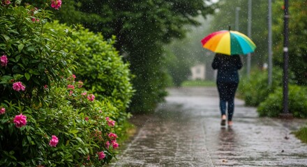 Person Walking Under Rainbow Umbrella In The Downpour Of Rain