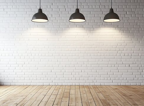 Fototapeta Three Pendant Lights Illuminating White Brick Wall and Wood Floor