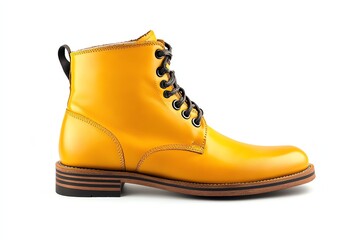 Stylish Yellow Leather Ankle Boot with Black Laces Isolated on White
