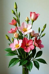 A floral bouquet with long stems and delicate leaves in a symmetrical arrangement, leafy greens, flowers