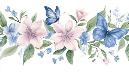 Soft Pastel Flowers and Butterflies on White Background