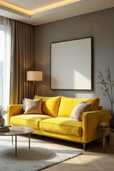 Fototapeta premium Bright yellow sofa in contemporary living room with elegant decor, living room, elegant