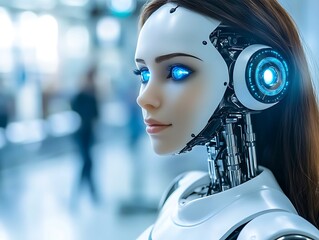 A futuristic cyborg with glowing blue eyes and long brown hair