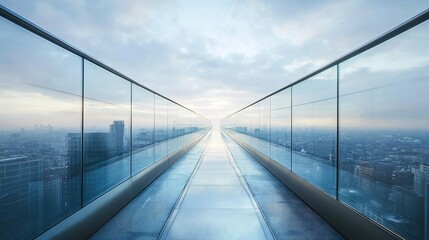 Obraz premium Glass walkway, city skyline, sunrise, future, business