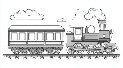 Black and white illustration of a steam train with a passenger car, set against a simple landscape with clouds. The style is reminiscent of children's drawings or vintage illustrations.