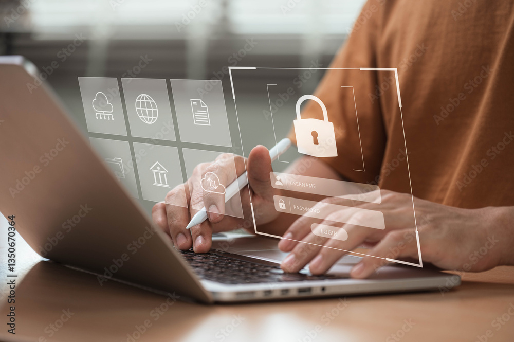 Leinwandbilder Cybersecurity and Data Protection Concept. Digital privacy and blockchain security. Secure login interface, encryption, and online defense against cyber threats for businesses and individuals.