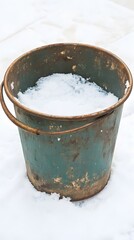 Fototapeta premium Rustic Metal Bucket Filled with Snow Winter Scene