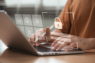 Cybersecurity and Data Protection Concept. Digital privacy and blockchain security. Secure login interface, encryption, and online defense against cyber threats for businesses and individuals.