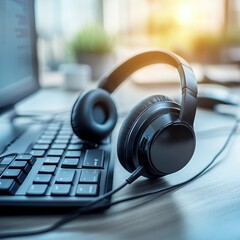Black headphones rest on a keyboard on a light brown desk. Soft, warm lighting. 