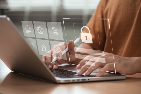 Cybersecurity and Data Protection Concept. Digital privacy and blockchain security. Secure login interface, encryption, and online defense against cyber threats for businesses and individuals.