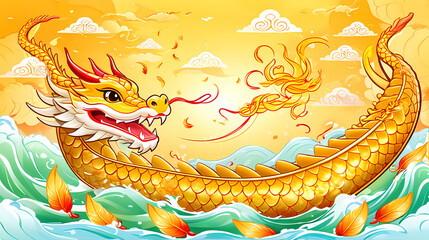 Golden Dragon Boat on Water