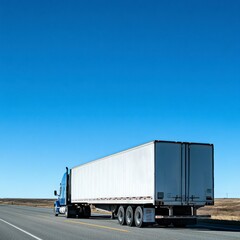 A blue and white semi truck with a long white trailer travels on a highway under a clear blue sky. Dry, flat terrain stretches to the horizon.