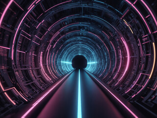 Abstract glow 3D Rendering of abstract wire cable tunnel Inside AI concept. Technology, machine learning, big data, virtualization