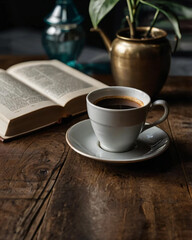 A cozy atmosphere surrounds a steaming cup of coffee.