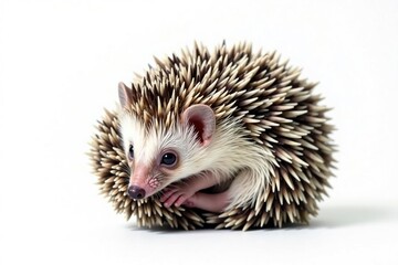 Obraz premium A tiny hedgehog, curled into a ball, isolated on pure white background , prickles, sleep, isolated