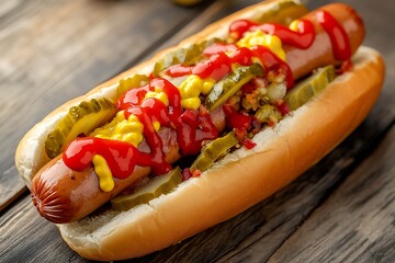Juicy Hot Dog with Relish, Ketchup, and Mustard on Rustic Wood
