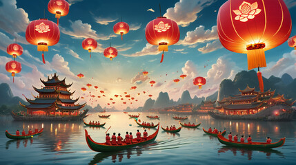 Asian lanterns floating over river boats