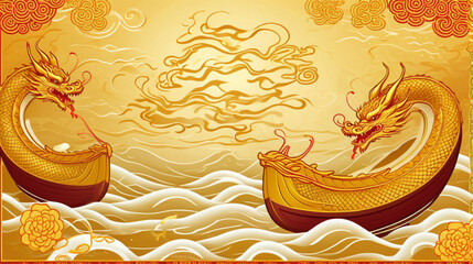Golden Dragon Boats on Water