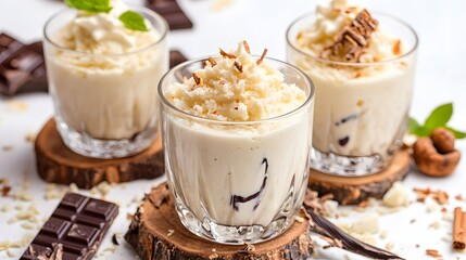 Creamy White Chocolate Dessert in Glasses with Chocolate Shavings