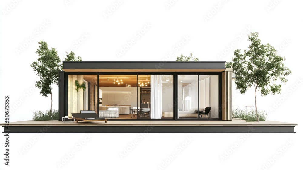 Poster modern house architectural rendering with open floor plan, large windows, patio, and surrounding tre