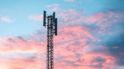 Obraz premium Tall communication tower silhouetted against a vibrant pink and blue sunset sky. Soft, fluffy clouds fill the background.