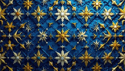 Geometric tapestry wallpaper with repeating motifs in deep blues and golds , texture, stylish, geometric pattern