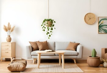 A living room with a gray sofa, brown pillows, a wooden table, a plant hanging from the ceiling , and a painting on the wall 