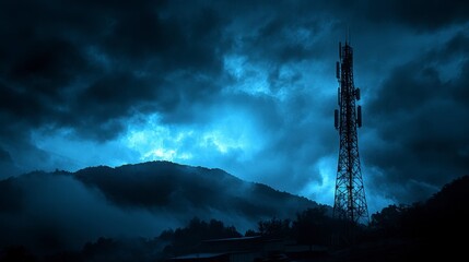 Dark blue stormy sky over misty mountains with a tall communication tower silhouetted against the clouds. Low light, moody atmosphere.