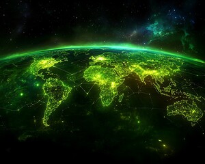 Glowing green globe showing continents and connecting lines in space